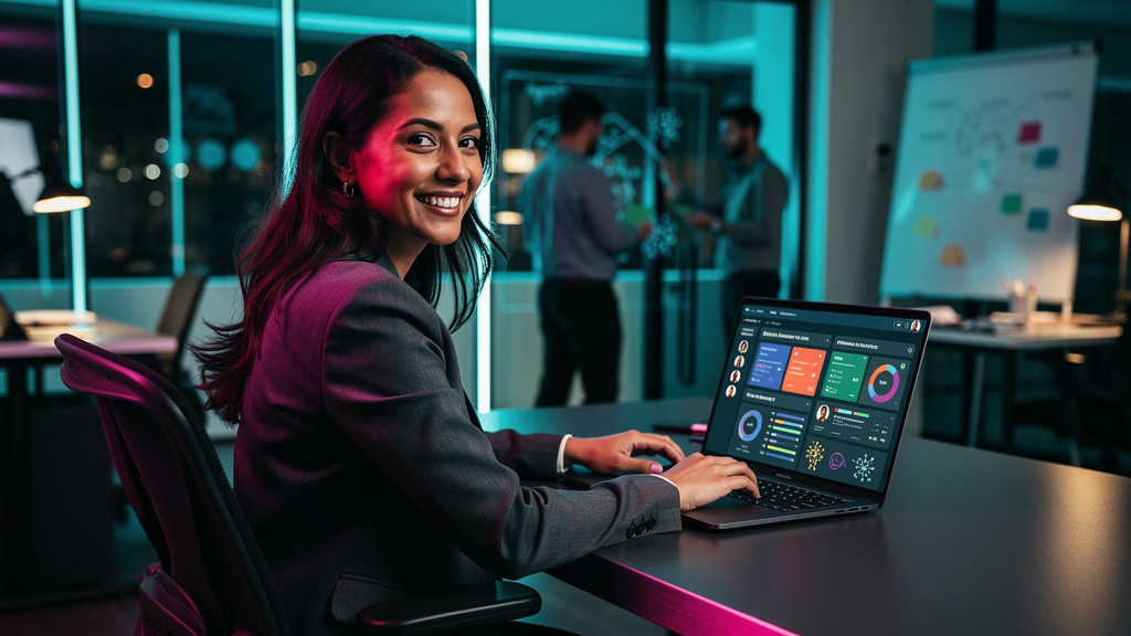 Simplificando Treinamento Corporativo com IA — Um profissional de T&D sorrindo, visualizando um dashboard da Toolzz AI em seu laptop. O dashboard mostra a análise das necessidades de aprendizado de ca