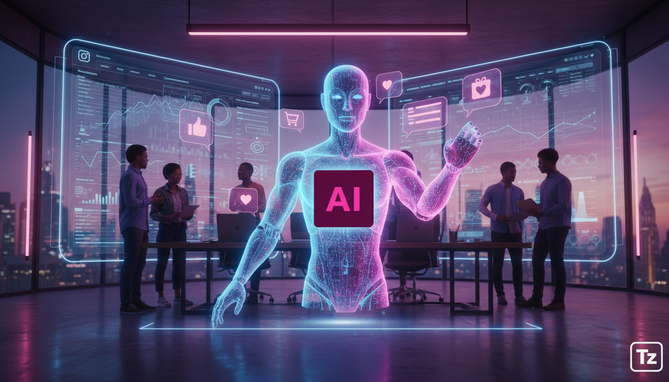 Simplificando Vendas no Instagram com IA em 2026 — Um escritório moderno e iluminado com paredes de vidro. Vários funcionários, com vestimentas diversas, estão colaborando em frente a grandes telas qu