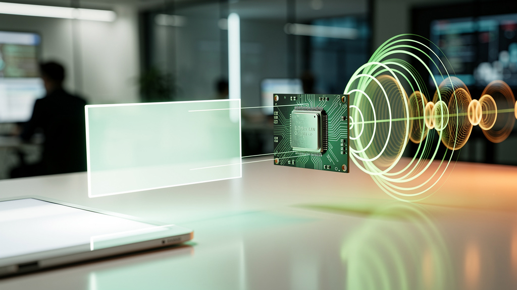 Sintetizador de Voz para Atendimento: Guia Completo — Um diagrama visual mostrando o fluxo de um sintetizador de voz: um bloco de texto entrando, passando por um chip com o logo da Toolzz, e saindo co