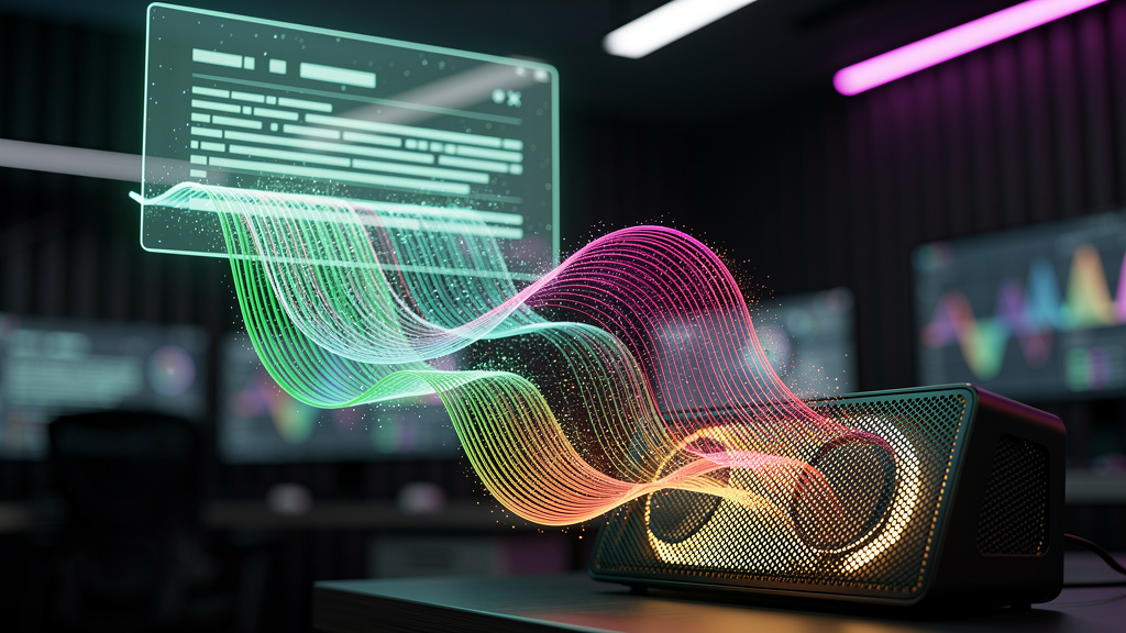 Sintetizador de Voz para Atendimento: Guia Completo — Um diagrama visual que mostra o fluxo de um sintetizador de voz. Na parte superior, uma caixa de texto digitalizada se transforma em ondas sonoras