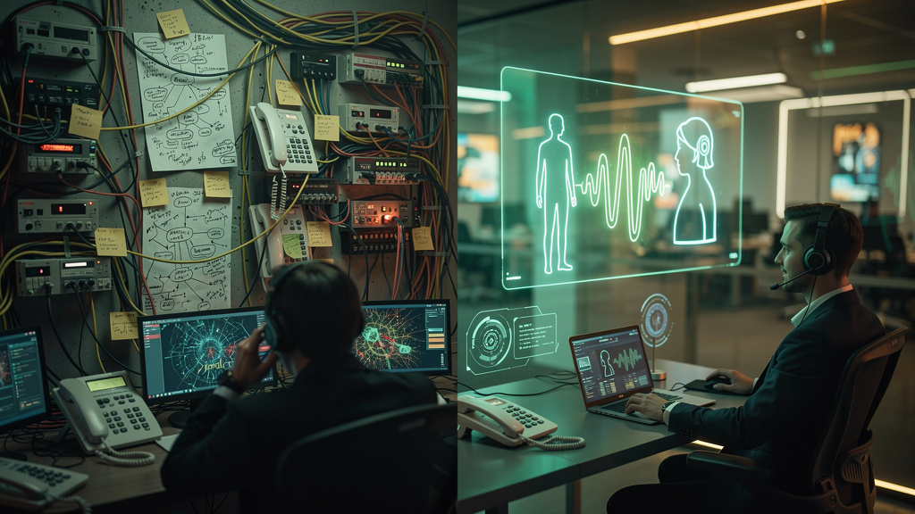 Sistema de Voz com IA: O Guia Completo para Empresas — Um diagrama visual que compara um sistema de atendimento telefônico tradicional (IVR) com um sistema de voz com IA. Lado esquerdo: fluxograma com