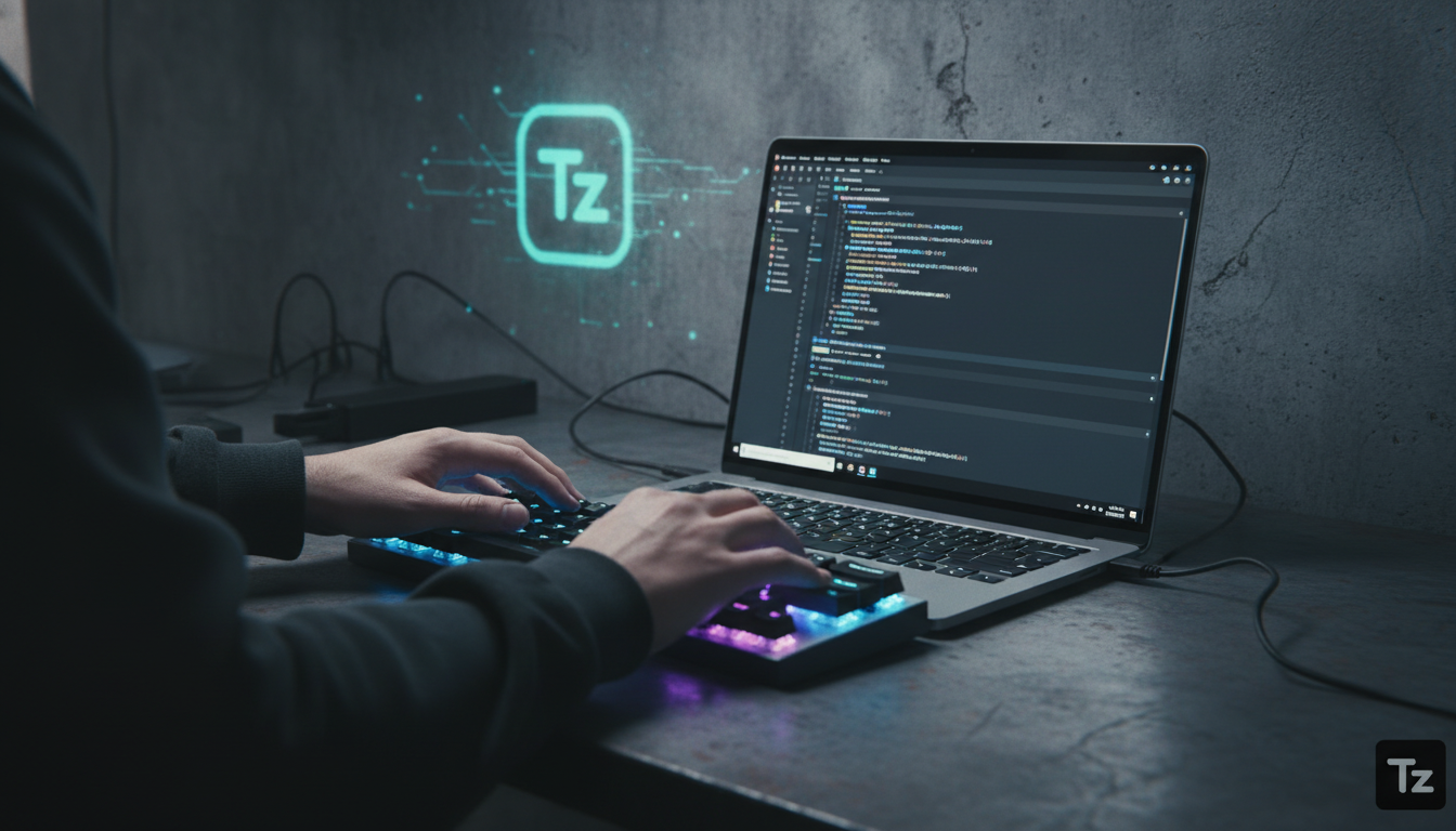 Slack CLI: Guia Completo de Instalação para Mac e Linux — Um close-up de mãos digitando rapidamente em um teclado mecânico retroiluminado, com o editor de código VS Code aberto mostrando um script de 