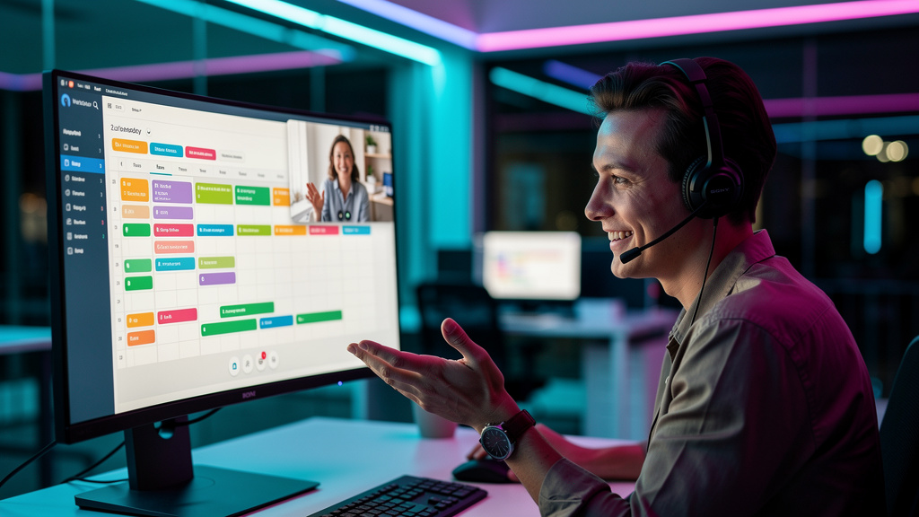 Software de Agendamento para Agentes de Atendimento: Qual Escolher? — Um agente de atendimento sorrindo e gesticulando positivamente durante uma videochamada com um cliente satisfeito. Ao fundo, um mo