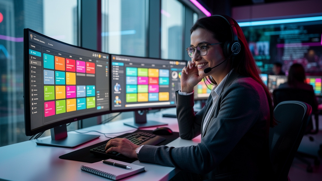 Software de Agendamento para Atendimento: Guia Completo — Um atendente de suporte ao cliente sorrindo e atendendo uma chamada em um escritório moderno e iluminado. No canto da tela do computador, um d