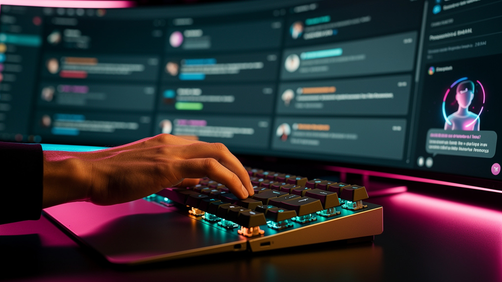 Software de Automação de Prospecção: Guia Completo — Close-up de uma mão digitando em um teclado, com vários e-mails de prospecção abertos em segundo plano. Os e-mails são personalizados e mostram dif