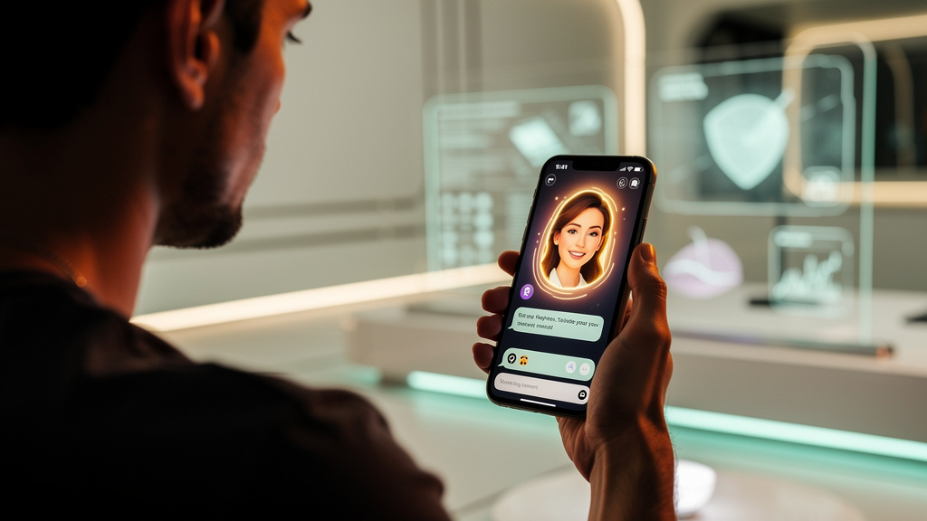 Software de Chat ao Vivo com Suporte de IA: Guia Completo — Um chatbot com a forma de um assistente virtual amigável, interagindo com um cliente através de uma tela de smartphone. O logo da Toolzz est