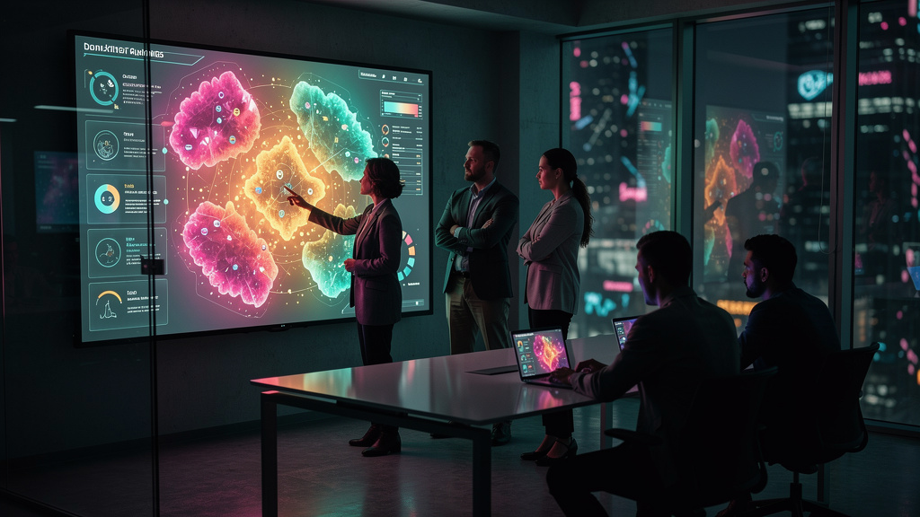 Software de Prospecção B2B com IA: Guia Completo — Um time de vendas moderno e diverso, reunido em volta de uma grande tela interativa em uma sala de reunião iluminada. A tela exibe um mapa de calor d