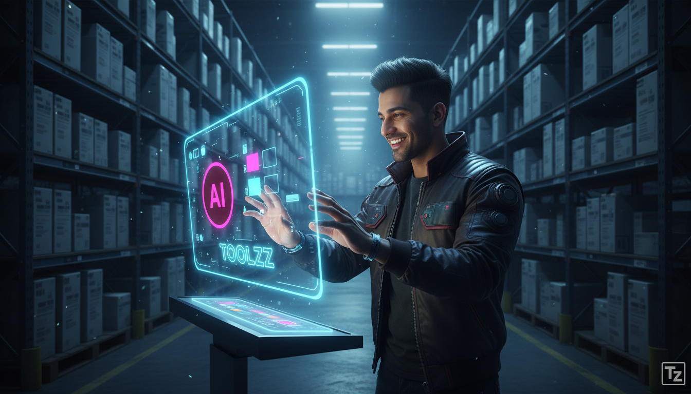 Software na Era da IA: A Ascensão da Customização — Um armazém de software do passado, com prateleiras infinitas de caixas de software idênticas, contrastando com uma tela holográfica mostrando um úni