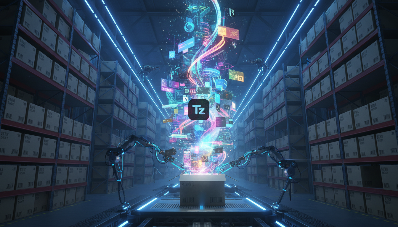 Software na Era da IA: Personalização e o Fim do 'Tamanho Único' — Um armazém industrial vasto e organizado, repleto de caixas de software padronizado, todas idênticas e empilhadas até o teto. Uma úni