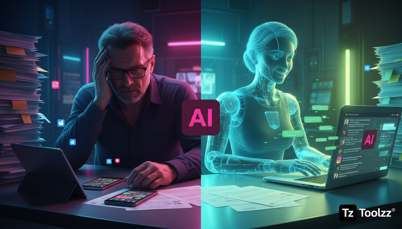 Solucionando gargalos de atendimento com IA para redes sociais em 2026 — Um corretor de imóveis estressado e sobrecarregado, cercado por pilhas de papéis e notificações piscando em múltiplos dispositi