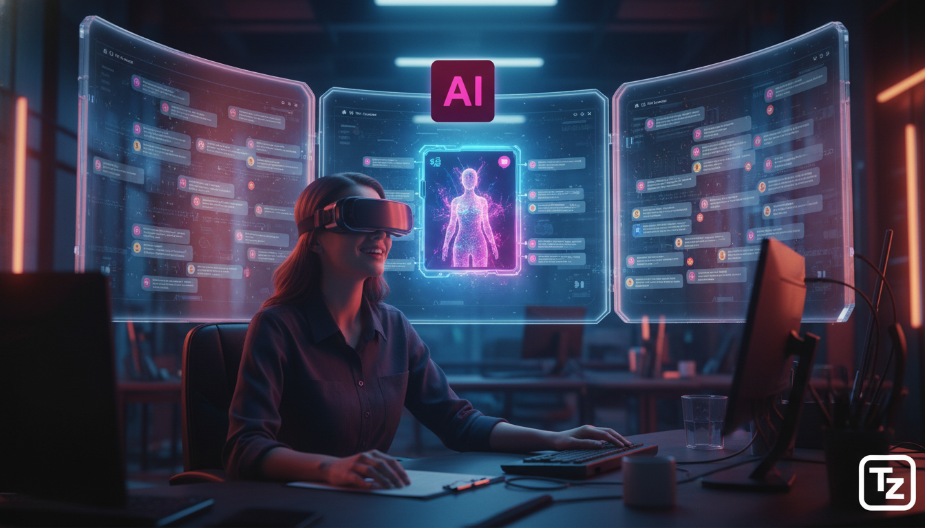 Solucionando gargalos de vendas com IA no Instagram — Uma pessoa em um escritório moderno e iluminado, visivelmente sobrecarregada, cercada por múltiplas telas mostrando feeds do Instagram transbordan