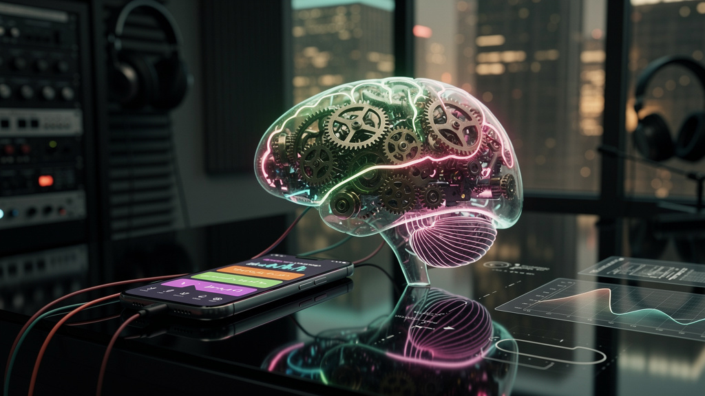 Spotify e IA: Lições para Recomendações Personalizadas em Empresas — Ilustração isométrica de um cérebro humano conectado a um smartphone que exibe a interface do Spotify. Dentro do cérebro, pequenas