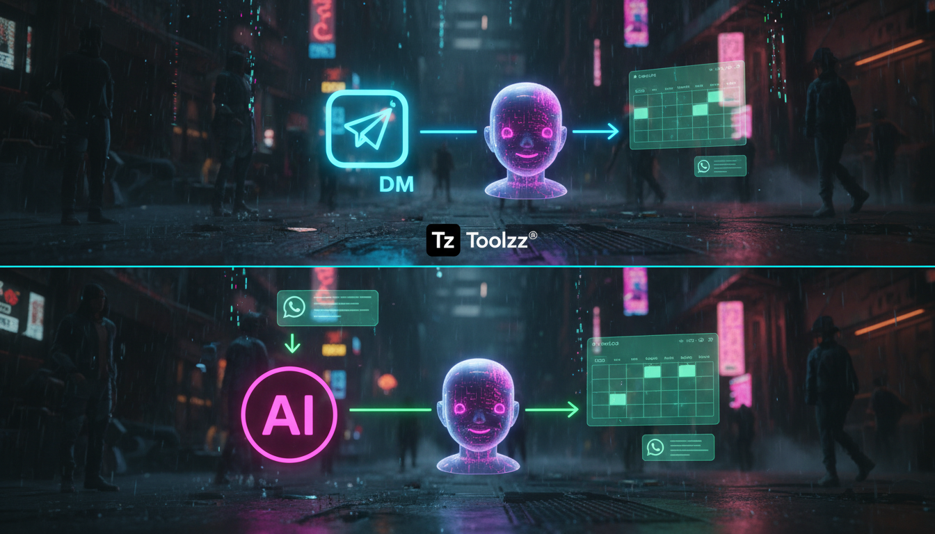 Stack de tecnologia ideal para Agendamento IA — Um diagrama visual mostrando o fluxo de agendamento inteligente via Instagram. No centro, um ícone do Instagram DM conectado a um agente de IA (represen