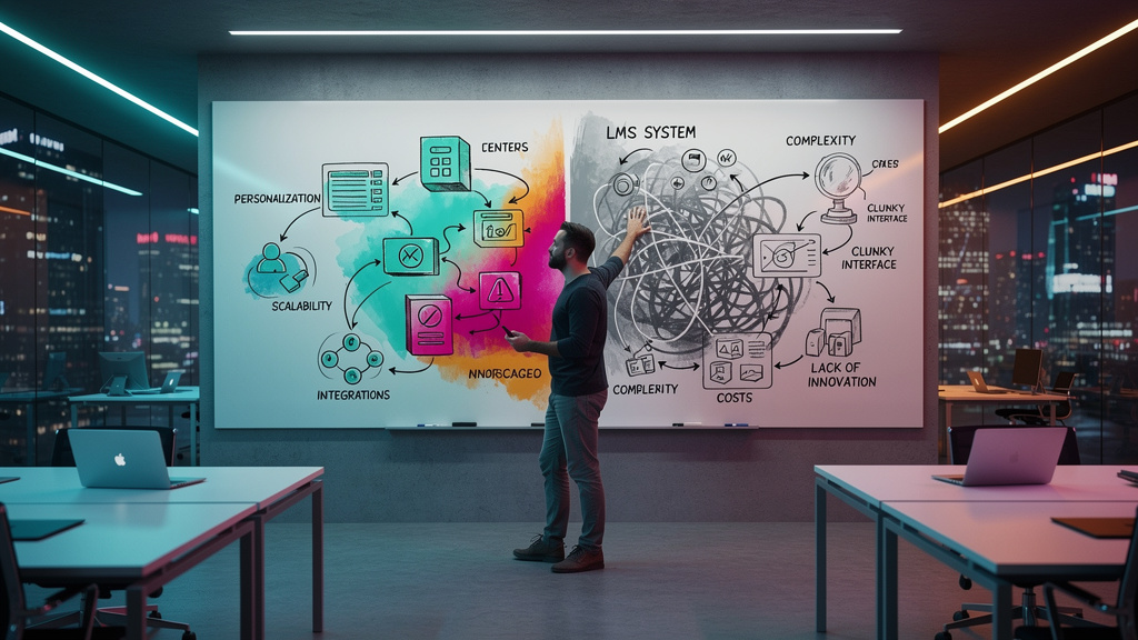 Stack de tecnologia ideal para Educação Corporativa em 2026 — Um arquiteto de soluções de TI explicando as vantagens e desvantagens do Totara Learn. Ele está em frente a um quadro branco onde um diagr