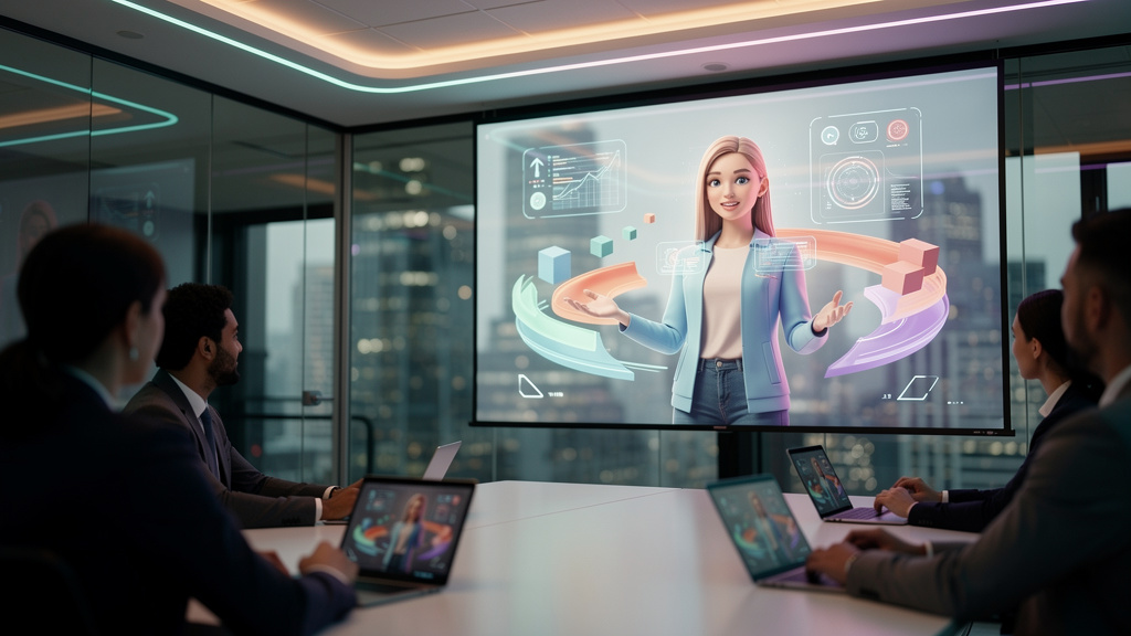 Stack de Tecnologia Ideal para Educação Corporativa em 2026 — Um instrutor virtual de IA, com a forma de um avatar amigável e personalizável, explicando um conceito complexo em um ambiente de escritór