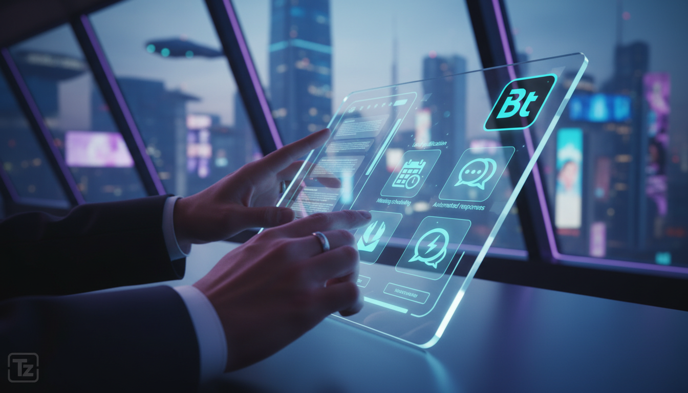 Stack de tecnologia ideal para Instagram em 2026 — Um close-up das mãos de um advogado digitando em um tablet. Na tela do tablet, uma interface elegante mostra um fluxo de conversa automatizado do Ins