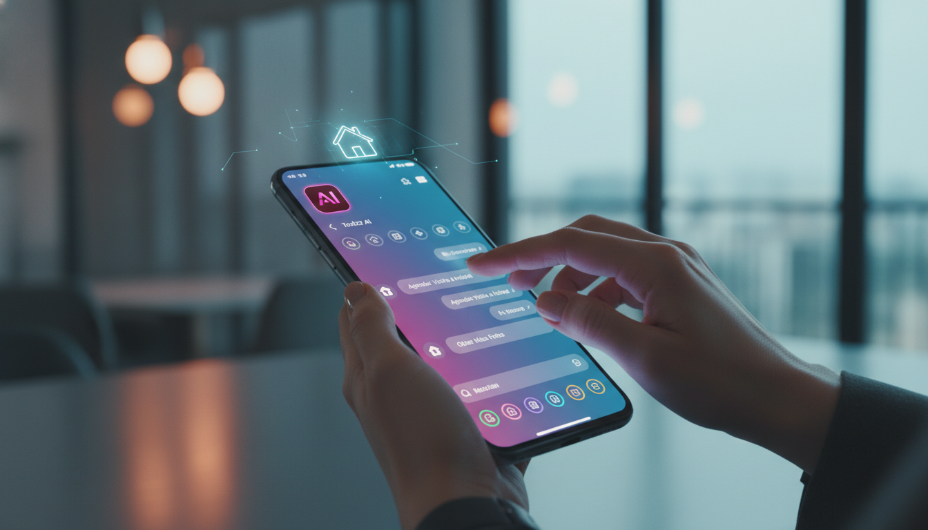 Stack de tecnologia ideal para Instagram imobiliário — Um close-up das mãos de um corretor de imóveis digitando em um smartphone. O ecrã exibe uma conversa automatizada do Instagram, com mensagens per