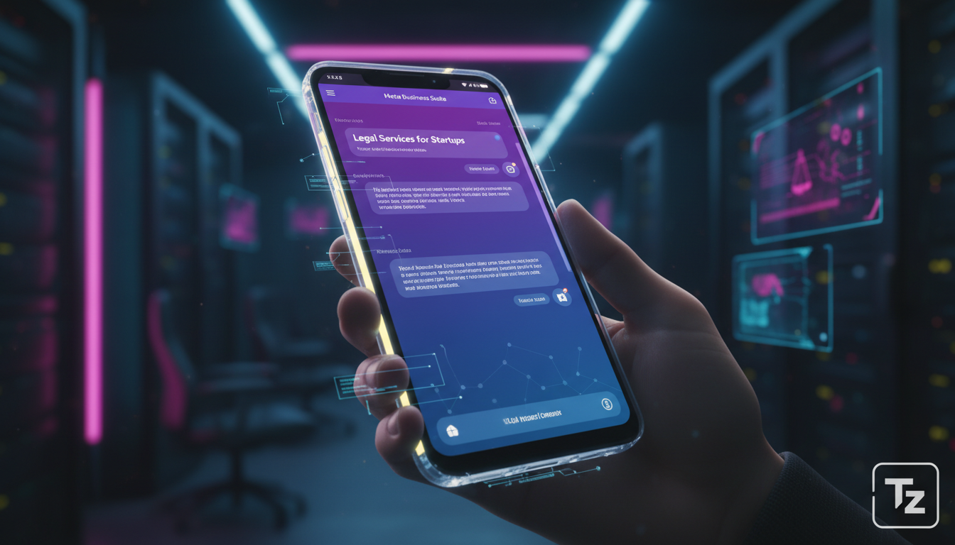 Stack de Tecnologia Ideal para Meta Business Suite com IA em 2026 — Close-up de um smartphone mostrando uma conversa de chatbot no Meta Business Suite. O chatbot está respondendo a perguntas sobre ser