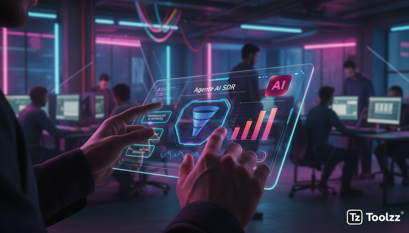 Stack de Tecnologia Ideal para Meta Business Suite IA em 2026 — Close-up das mãos de um especialista em marketing digital ajustando as configurações de um Agente AI SDR da Toolzz em um tablet. A tela 