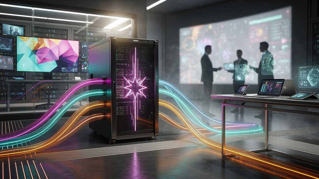 Starlette 1.0: Impacto na IA e Automação Corporativa com Toolzz — Uma ilustração estilizada mostrando um servidor de alto desempenho com o logo do Starlette 1.0 brilhando intensamente no centro. Vário