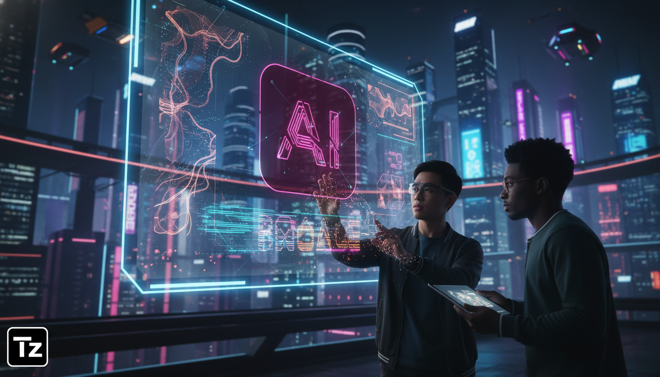 Stitch: Design com IA que redefine a criação visual — Create a high-end editorial illustration in a modern flat + gradient vector style.  STYLE: Clean, geometric, semi-abstract human figures with mini