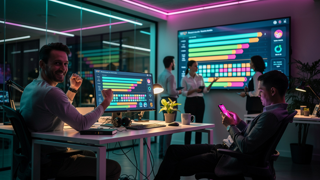 Streak de Estudo: O Guia Completo para Educação Corporativa — Ilustração isométrica vibrante de um escritório moderno com vários funcionários interagindo com telas que exibem streaks de estudo em plat