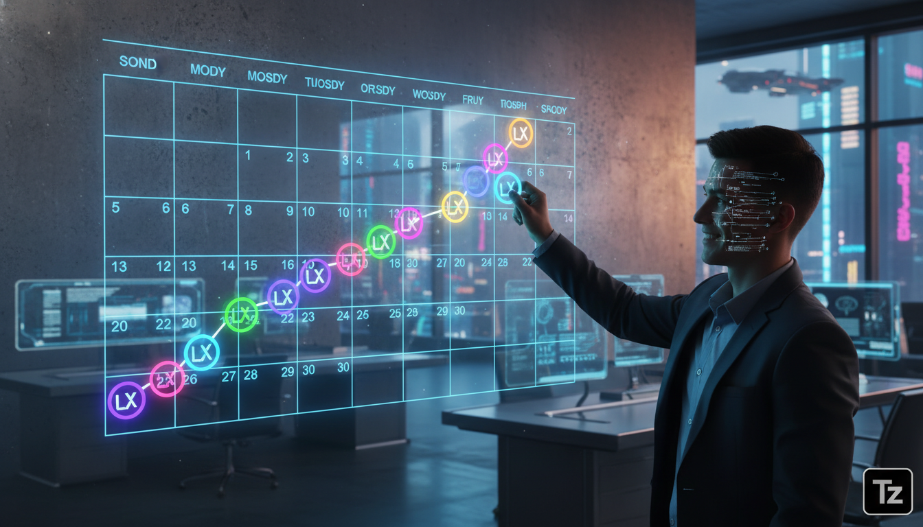 Streak de Estudo: O Guia Completo para Educação Corporativa — Um calendário de parede em um escritório moderno, com vários dias marcados com adesivos coloridos. A sequência de dias marcados forma um '