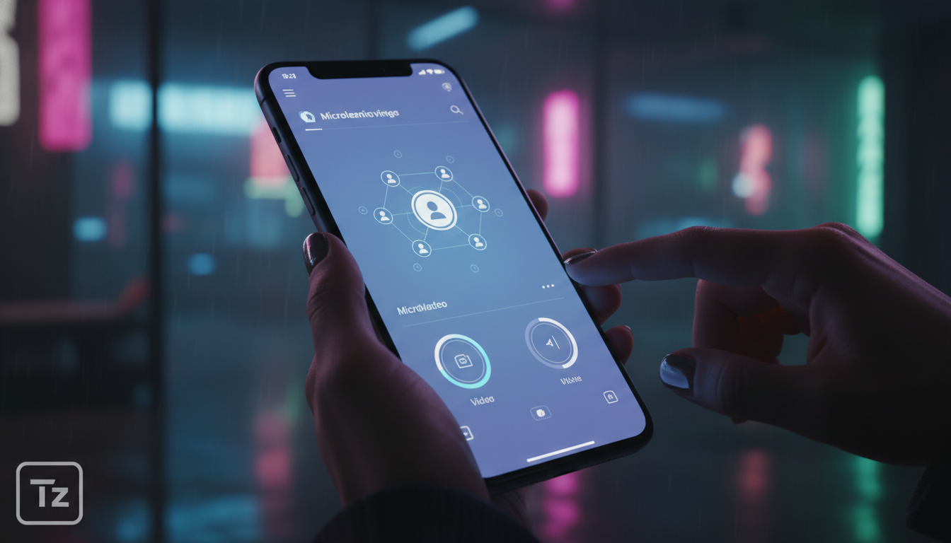 Superando objeções sobre App Mobile para LXP em 2026 — Um close-up das mãos de um colaborador usando um smartphone para acessar um curso de treinamento em um aplicativo LXP. A interface do aplicativo 