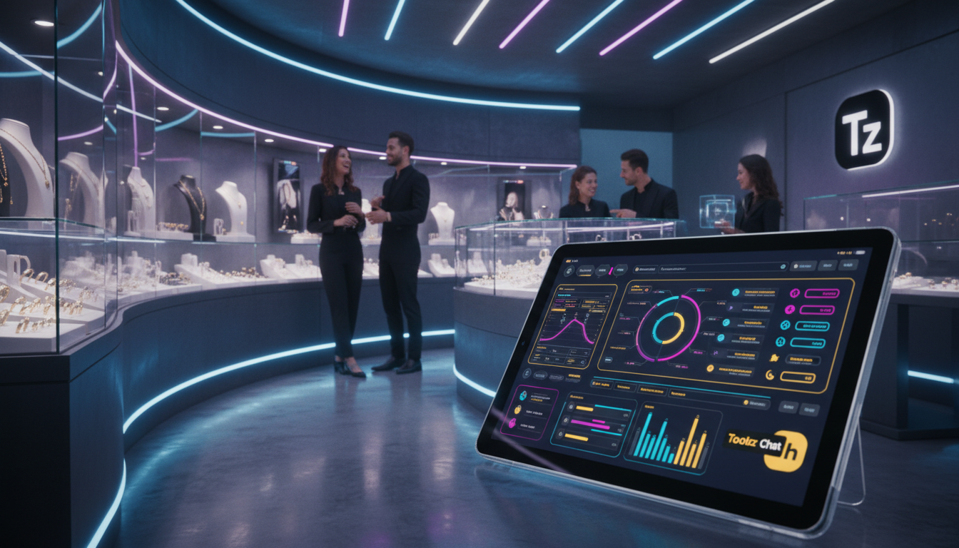Superando objeções sobre automação da API do Instagram em 2026 — Uma joalheria moderna e elegante, com vitrines repletas de anéis, colares e pulseiras cintilantes. Em primeiro plano, um tablet exibe o