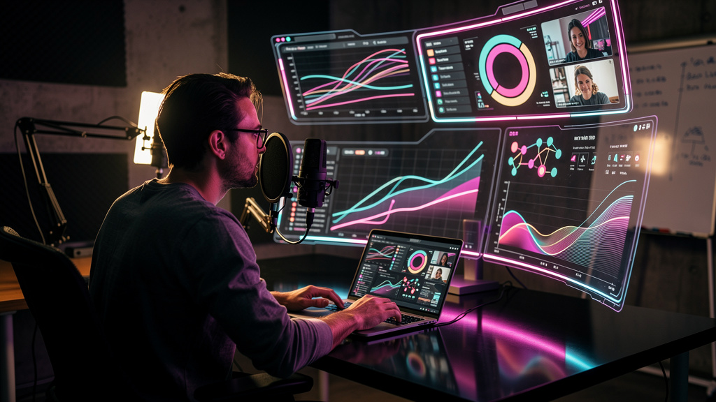 Superando objeções sobre treinamentos online em 2026 — Um instrutor de curso online usando um painel de controle de IA para monitorar o engajamento dos alunos em tempo real. Gráficos de engajamento ex