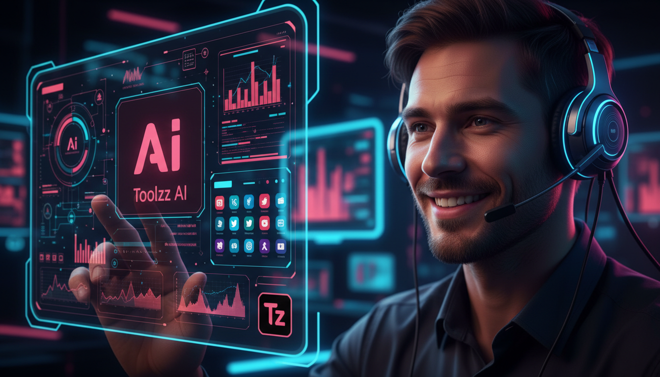 Superando objeções sobre vendas no Instagram em 2024 — Um close-up de um agente de suporte ao cliente, sorrindo e usando um headset. Ao lado dele, uma tela exibe um dashboard da Toolzz AI, mostrando d