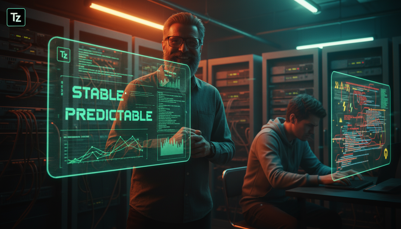 Tecnologia 'Boring': A Chave para Inovação e Estabilidade — Um engenheiro de software sênior, com barba e óculos, sorri confiantemente enquanto observa um painel de monitoramento mostrando métricas de