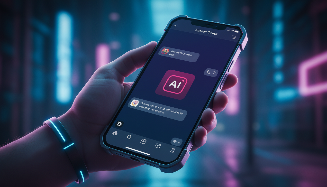 Tecnologias disruptivas em Agentes IA Social Media — Close-up de uma mão segurando um smartphone com a interface do Instagram Direct aberta. Um chatbot com a marca Toolzz (logo Toolzz visível na foto)