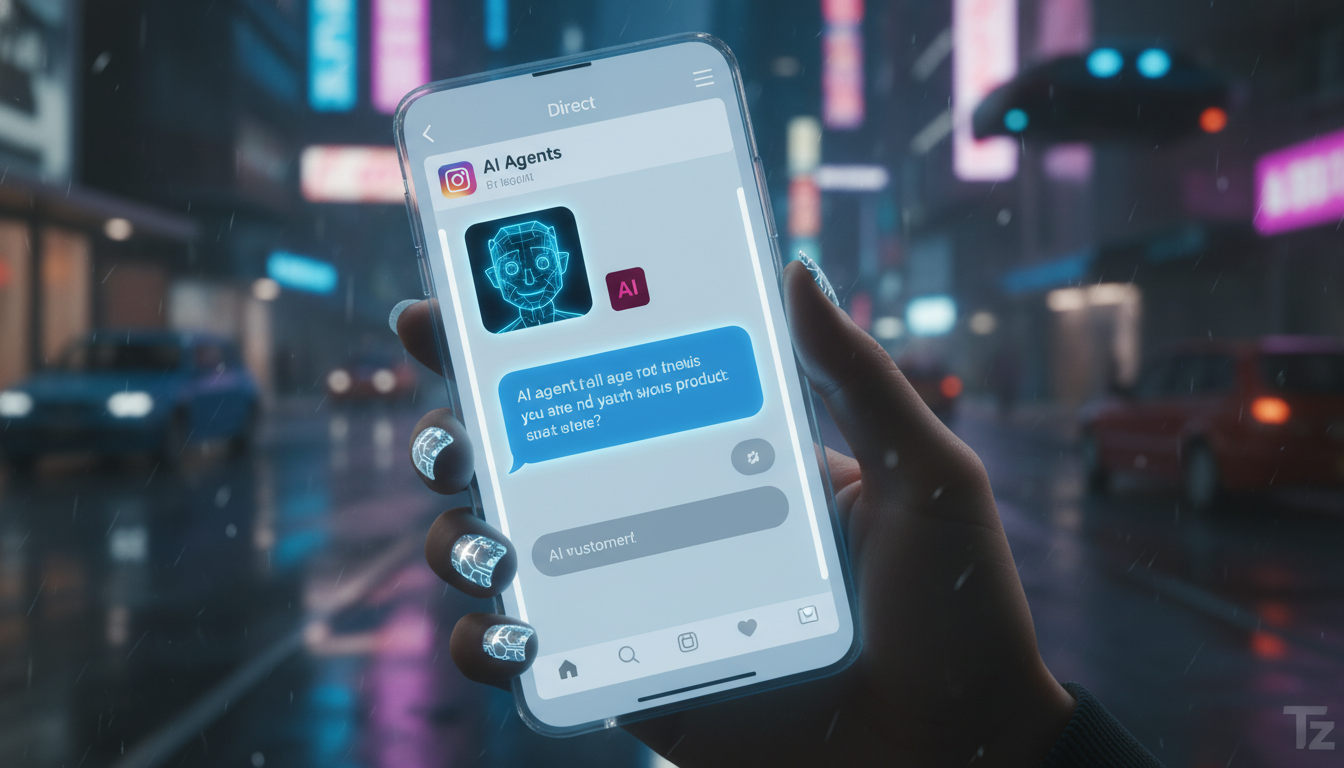 Tecnologias disruptivas em Agentes IA Social Media — Close-up em uma tela de smartphone exibindo uma interface de conversa do Instagram Direct. A conversa mostra um agente de IA respondendo a pergunta