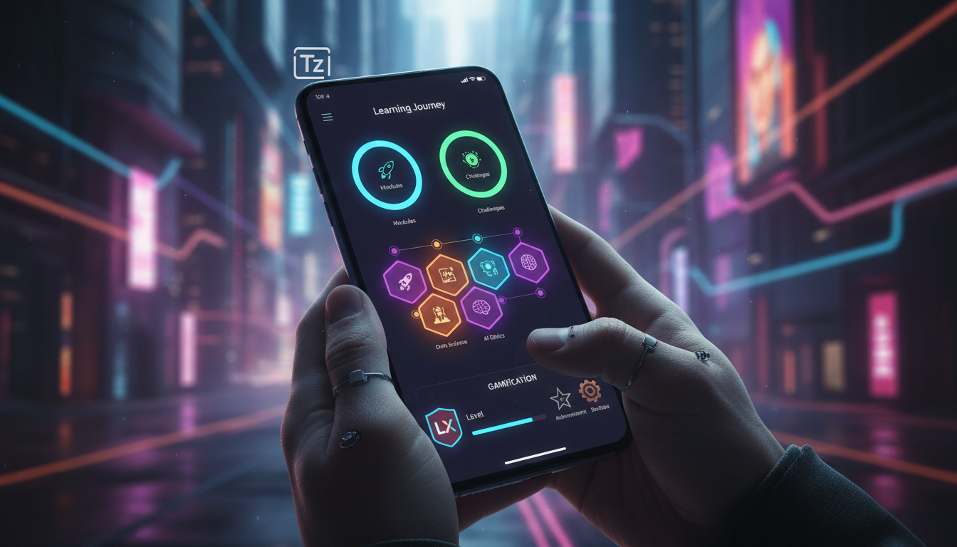 Tecnologias Disruptivas em App Mobile para LXP: O Guia Completo 2026 — Um close-up das mãos de uma pessoa segurando um smartphone, com o aplicativo Toolzz LXP aberto mostrando uma interface intuitiva 