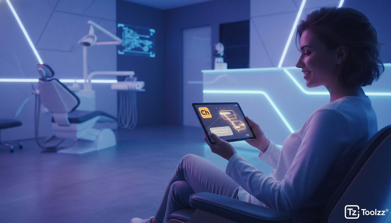 Tecnologias disruptivas em Chatbot Instagram — Um consultório odontológico moderno e minimalista, com um chatbot da Toolzz exibido em um tablet na recepção, interagindo com um paciente sorridente. O c