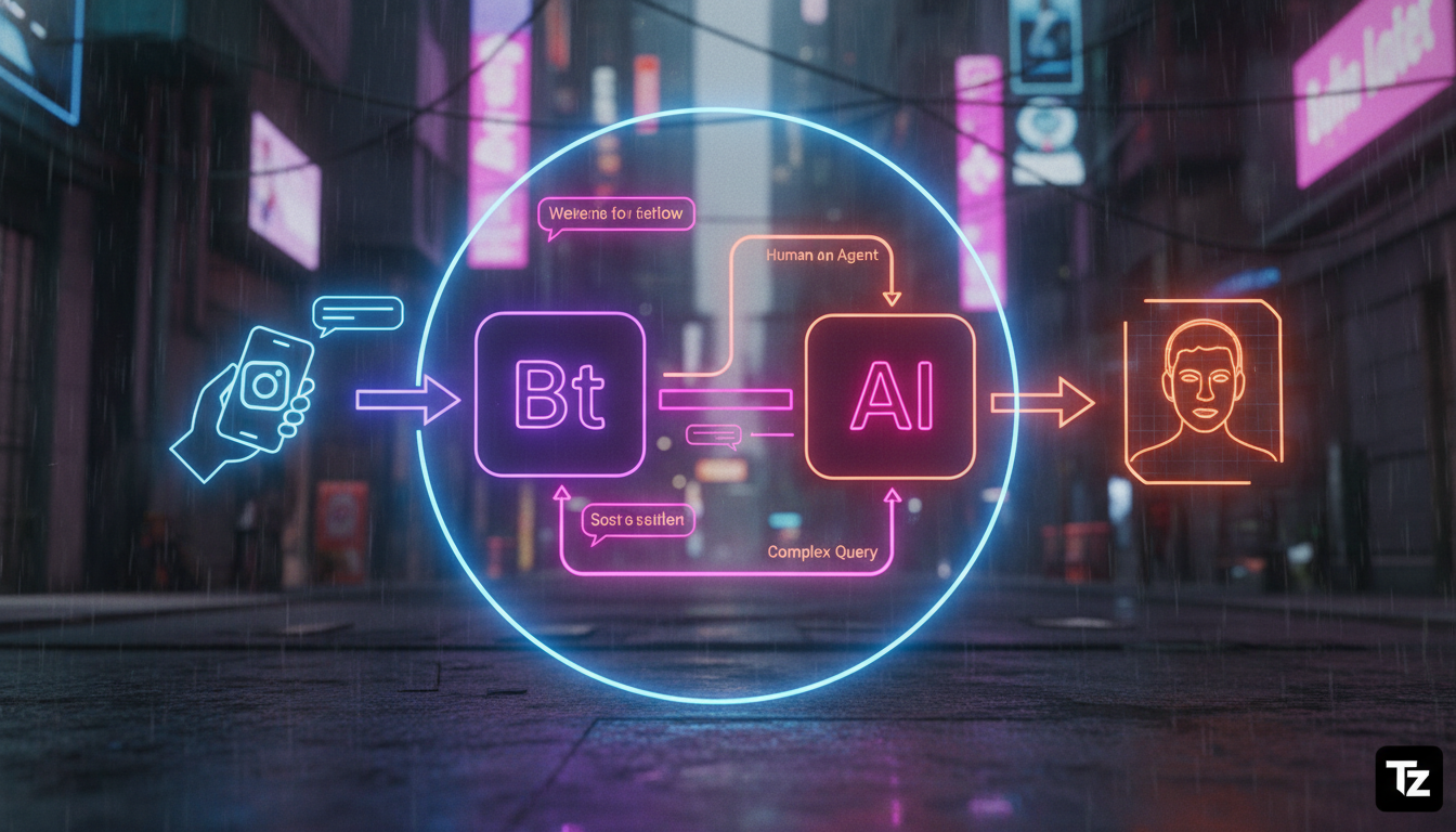 Tecnologias disruptivas em Chatbots Instagram — Um diagrama visual mostrando o fluxo de interação entre um usuário do Instagram, um chatbot da Toolzz e um atendente humano. O diagrama começa com o usu