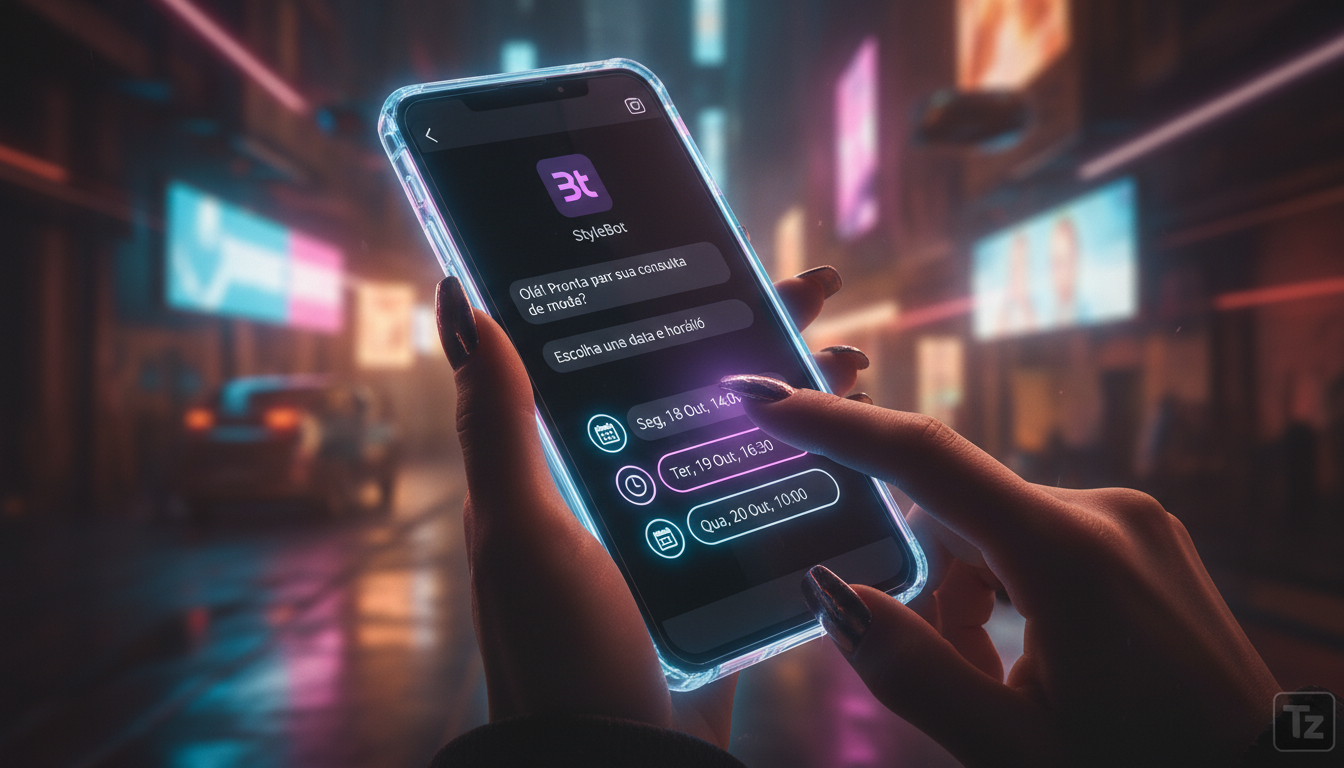 Tecnologias disruptivas em Chatbots para Instagram — Close-up das mãos de uma usuária interagindo com um chatbot de agendamento no Instagram DM em seu smartphone. O chatbot exibe opções de horários pa