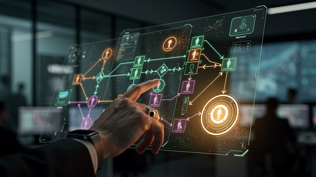 Tecnologias disruptivas em Fluxos de Aprovação Humana — Um close-up de uma mão humana interagindo com uma interface holográfica complexa. A interface exibe um diagrama de fluxo de aprovação com dados