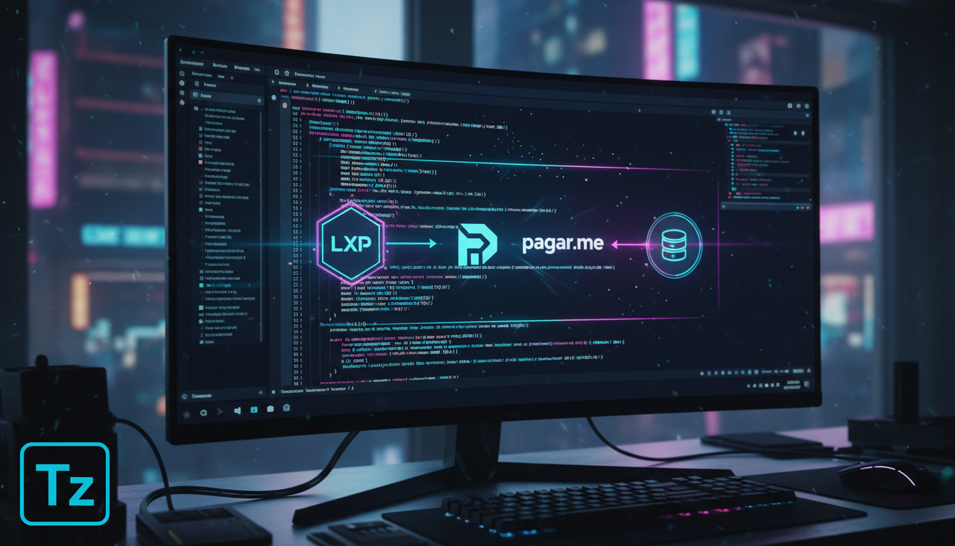 Tecnologias disruptivas em Integração Pagar.me — Uma tela de computador mostrando uma interface de programação com linhas de código destacando a integração de um gateway de pagamento (estilo Pagar.me)