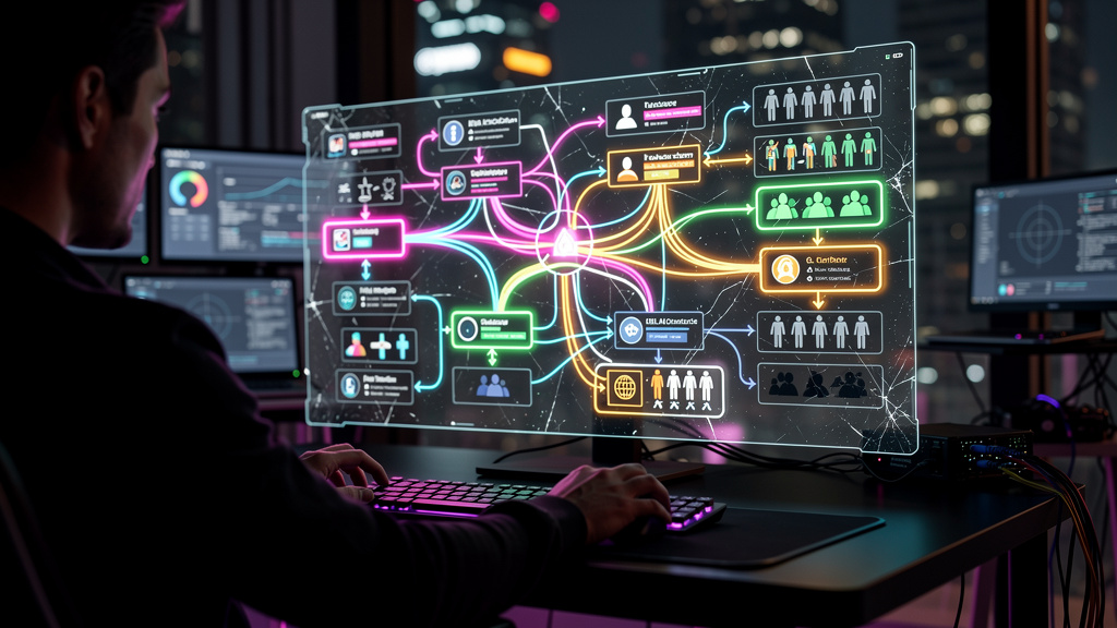 Tecnologias disruptivas em LXP e IA para criadores de cursos online — Um organizador visual mostrando um fluxo de trabalho complexo para criar um curso online, destacando os desafios como conteúdo des