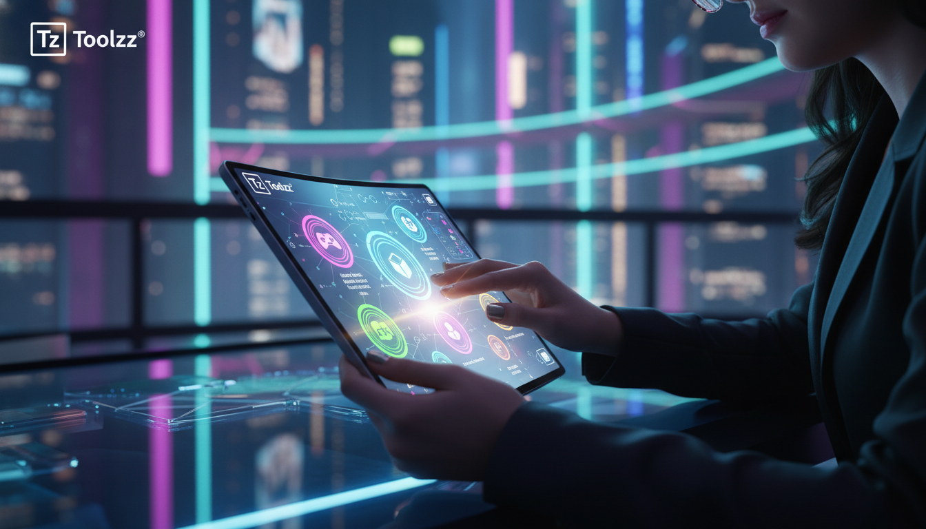 Tecnologias disruptivas em Portal do Professor — Um close-up das mãos de um professor criando uma atividade interativa em um Portal do Professor da Toolzz LXP em um tablet. A interface é moderna e int