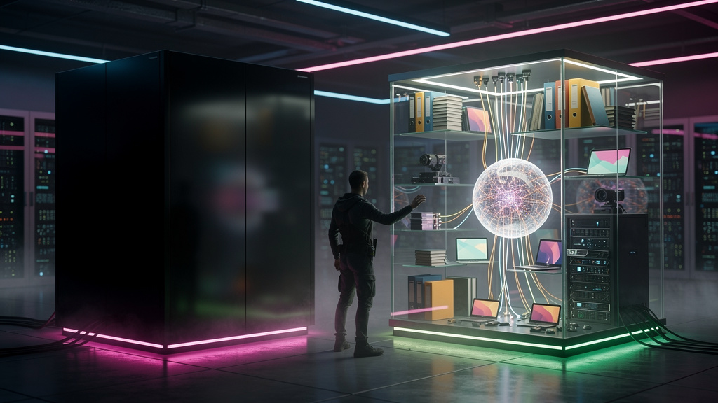 Tecnologias disruptivas em RAG — Um diagrama visual comparando a arquitetura de um LLM tradicional (caixa preta opaca) com um sistema RAG (caixa com janelas abertas mostrando acesso a diversas fontes 