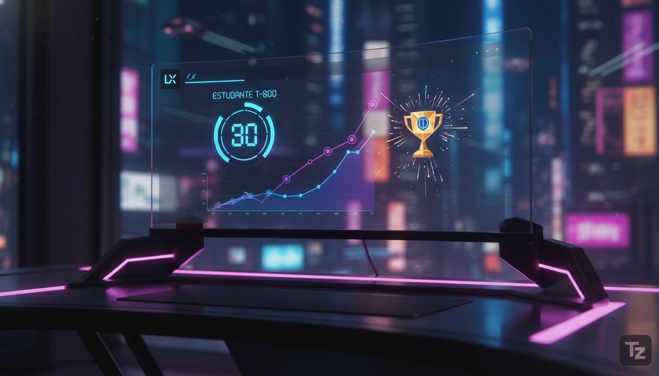 Tecnologias Disruptivas em Streak de Estudo — Um close-up de um monitor exibindo a interface do Toolzz LXP. A tela mostra o perfil de um usuário com uma streak de estudo de 30 dias. Há um gráfico de p