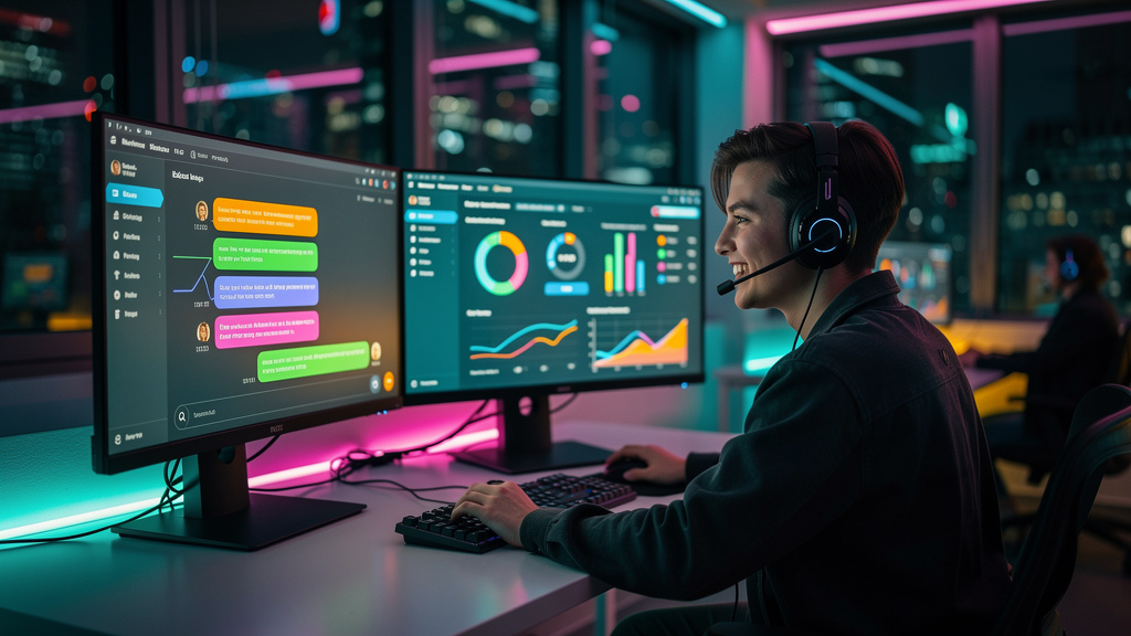 Tecnologias disruptivas em Transferência de IA para Humano — Um agente de suporte ao cliente, usando um headset, sorri enquanto olha para dois monitores. Um monitor exibe o histórico completo de uma c