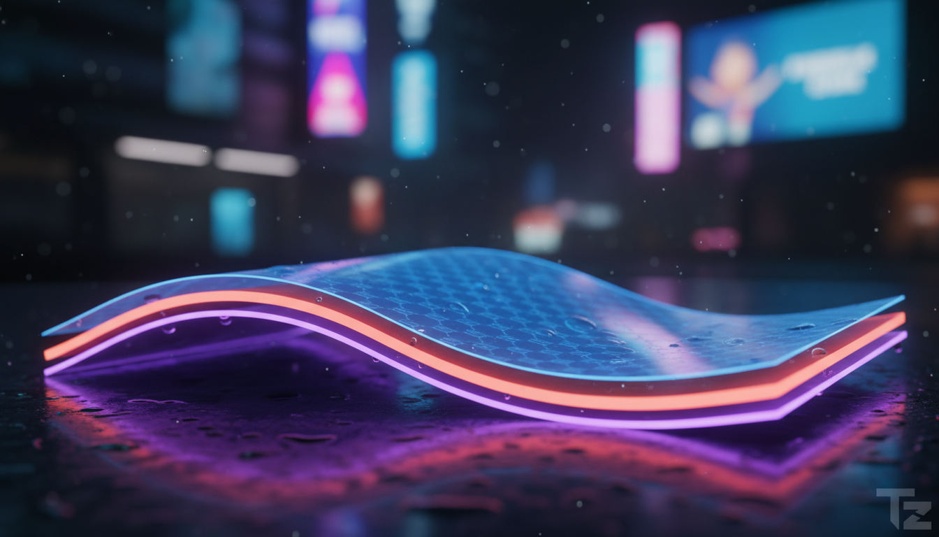 Telas Flexíveis Ultraeficientes: O Futuro da Exibição — Ilustração digital de uma camada de tela flexível em corte transversal, mostrando a estrutura 'sanduíche' com camadas de grafeno e dióxido de ti