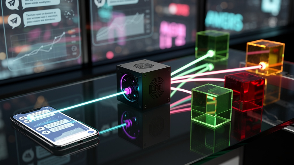 Telegram Chatbot: Guia Completo para Automação com Toolzz Bots — Um diagrama de blocos que ilustra o fluxo de conversa de um chatbot do Telegram. No início do fluxo, um ícone do Telegram recebe uma me