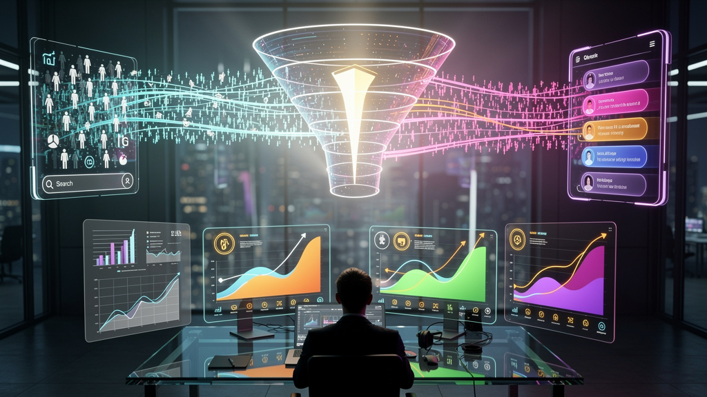 Tendências: Como Aparecer no ChatGPT e no Google — Um infográfico dividido em duas partes (superior e inferior). Parte superior: Um funil de marketing visualmente atraente mostrando o fluxo de usuário