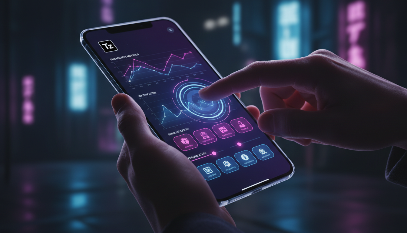 Tendências de Agente IA para 2026 — Close-up detalhado de um smartphone exibindo um painel de controle de um agente de IA personalizado. Interface moderna e intuitiva, com gráficos dinâmicos mostrando