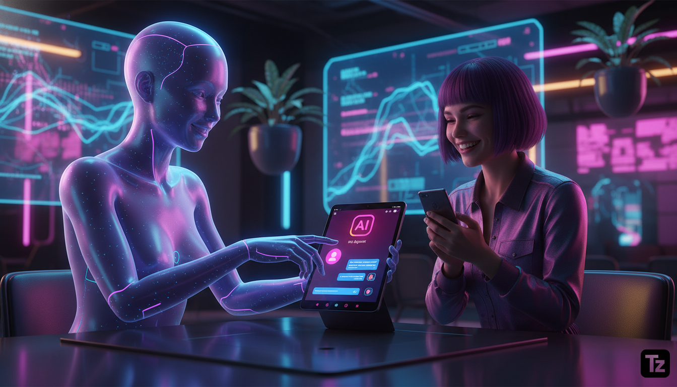 Tendências de Automação Instagram para 2026 — Um agente de IA personificado como um assistente virtual amigável, interagindo com um cliente através do Direct do Instagram. O assistente virtual está se